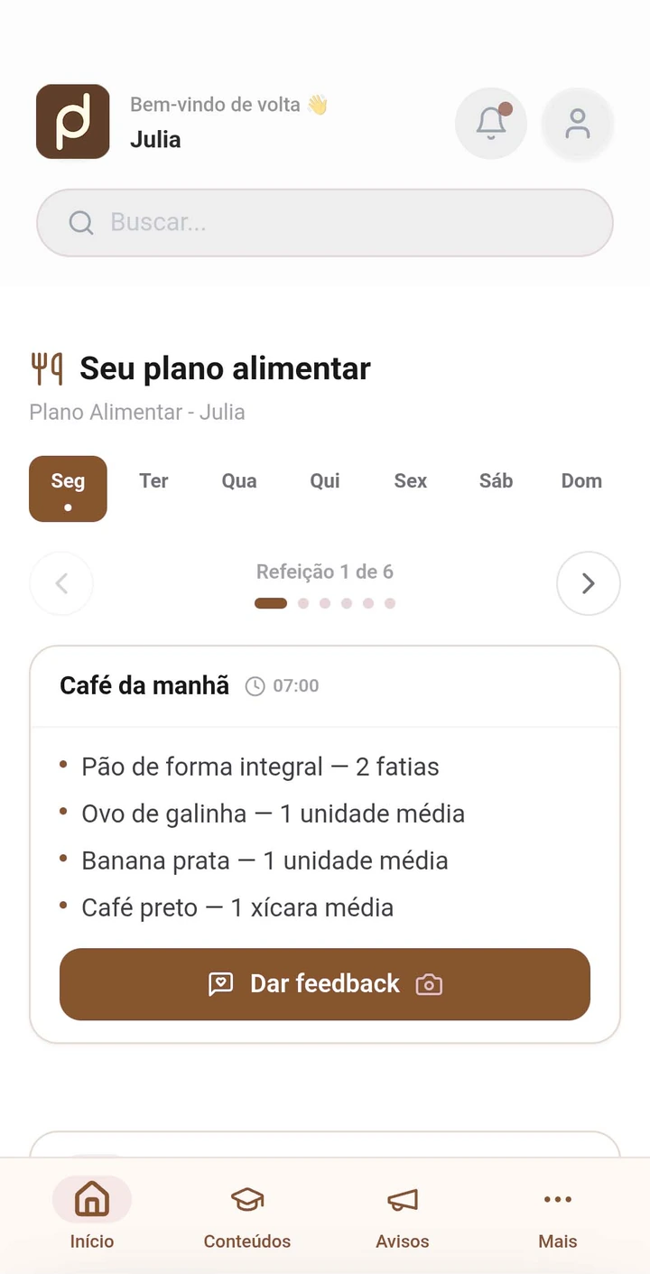 App do paciente, com a logo e as cores da nutricionista, mostrando o plano alimentar do dia