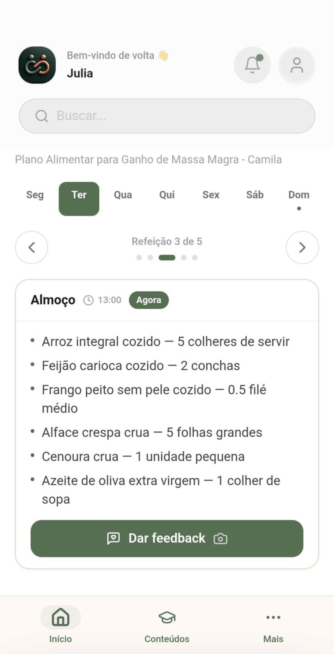 App do paciente — plano alimentar do dia