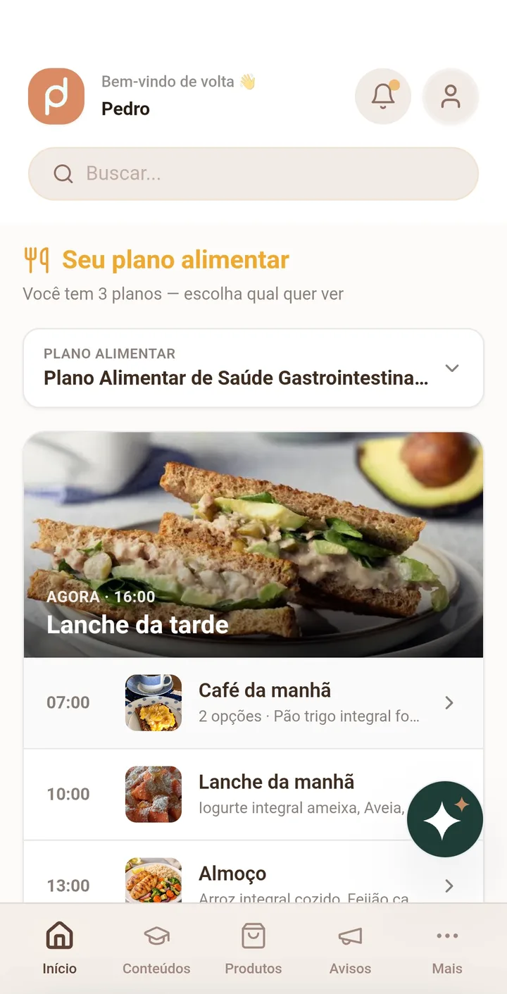 App do paciente, com a logo e as cores da nutricionista, mostrando o plano alimentar do dia